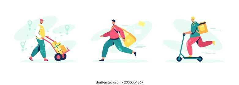 Concept of safe delivery on foot and by scooter. Delivery methods for goods, food set. Various courier equipment. Fast shipping. Cartoon vector illustrations on white background