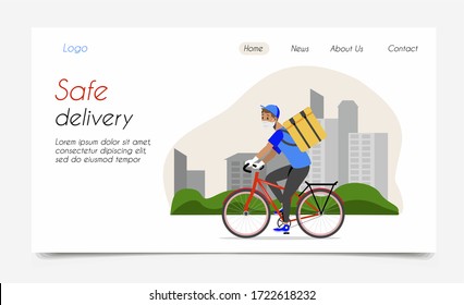 The concept of safe delivery of parcels, food. Delivery service by bike. A courier in a protective medical mask and gloves on a bicycle carries a box. Isolated vector for web pages, templates, landing