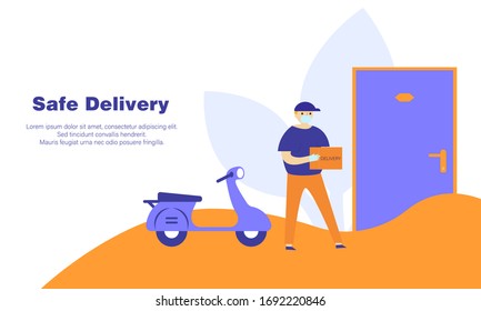 Concept for safe delivery service. Contactless delivery concept illustration. Customer Delivery Character. Stay at home concept. Quarantine and prevention of spread of coronavirus.  Vector.