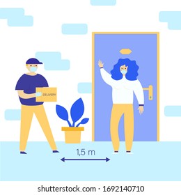 Concept for safe delivery service. Customer Delivery Character. Stay at home concept. Quarantine and prevention of spread of coronavirus.  Vector.