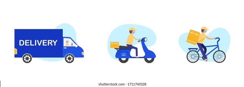 Concept of safe delivery service in flat. Coronavirus quarantine delivery. Truck, scooter and bicycle courier, delivery man in protective mask. Vector.
