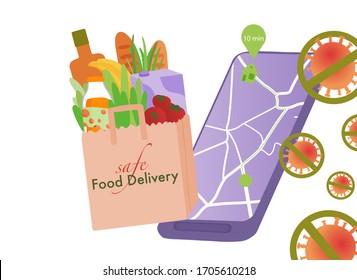 Concept of safe food delivery from grocery store and cafe during coronavirus quarantine. Order online through mobile phone. Bag with food in flat design.