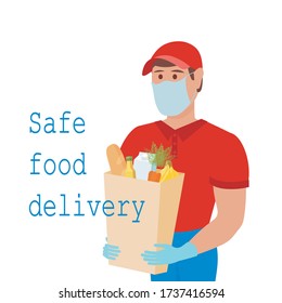 The concept of safe food delivery home. Vector illustration in a flat cartoon style. Deliveryman in protective mask and gloves with a bag of food. Paper bag with bread, butter, milk, carrots, bananas.