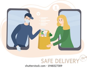 The concept of safe home delivery. Courier holds a bag of food, hands the customer fast food. Man in a mask and glove, protection from viruses. Online grocery store. Flat vector illustration.