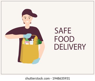 El concepto de entrega segura en casa. El mensajero sostiene el paquete con la mercancía, entrega al cliente una comida rápida. Tienda en línea de productos, pedidos a través de Internet y entrega a la puerta de la casa.