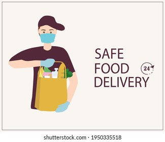 The concept of safe home delivery. Courier holds a bag of food, hands the customer fast food. Man in a mask and glove, protection from viruses. Online grocery store. Flat vector illustration.