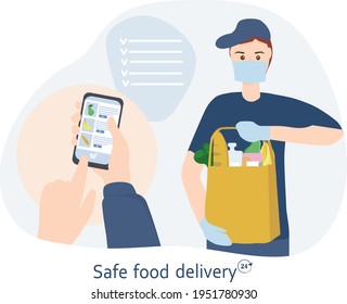 The concept of safe home delivery. The courier holds a bag of food, hands the customer a fast food. Man wearing a mask and glove, protection from viruses. Online grocery store. Flat vector