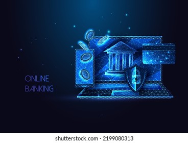 Concept Of Safe Online Banking, Financial Services With Credit Card, Money, Bank, Laptop, Smartphone