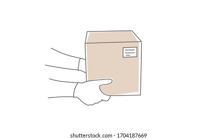 Concept of safe package delivery against. Coronavirus 2019-nCov. Mail courier in medical gloves. Hand drawn vector illustration.