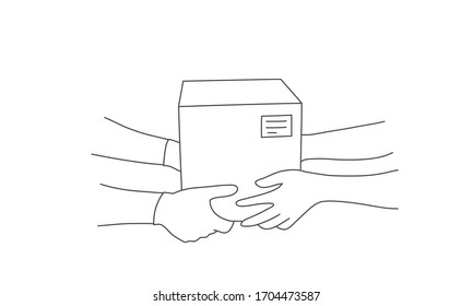  Concepto de entrega segura de paquetes contra. Coronavirus 2019-nCov. Correo en guantes médicos. Ilustración vectorial dibujada a mano.