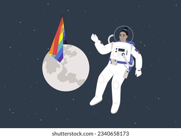 The concept of a safe space depicted with a young astronaut floating in the cosmos, alongside a rainbow flag planted on the moon