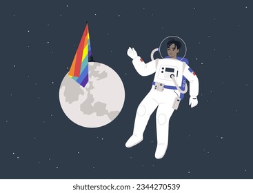 The concept of a safe space depicted with a young astronaut floating in the cosmos, alongside a rainbow flag planted on the moon