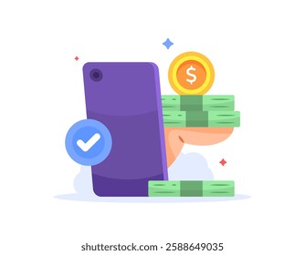 concept of safe and trusted online loans, gifts. giving loan money online. illustration of a hand emerging from a smartphone and giving money. technology and business. flat style design. elements