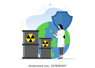 concepto de almacenamiento seguro de residuos con personas pequeñas. Impuestos ambientales, monitoreo ambiental, Combatir problemas ecológicos abstractos. Solución de metáfora de problemas ecológicos.