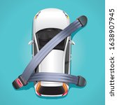 The concept of safety in a car. A white car on a blue background is attached seat belts and protected from crashes and accidents.