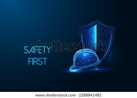 Concept of Safety first, workplace security in futuristic glowing low polygonal style with protective helmet and shield on dark blue background. Modern abstract connection design vector illustration. Foto stock © 