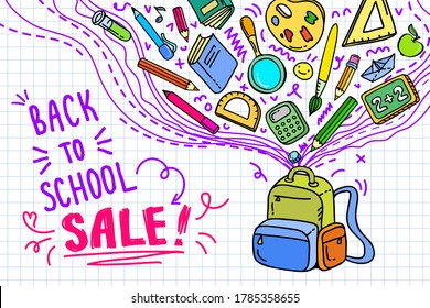 Concept of Sale and education. School background with hand drawn school supplies on white and lettering Back to School Sale. Vector illustration