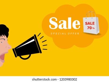 Concept of Sale, People shouting through the megaphone with the word Sale. - flat design, vector illustration.