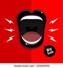 Concept of Sale. Woman's mouth with open black lips on red background. Vector Illustration.