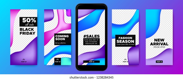Concept of Sales Advertising. Stories Templates Set with Colorful Fluid Shapes. Social Media Design for Banner Sale, Presentation of Product. Covers for Mobile Screen. Abstract Flyers for Sales Days.