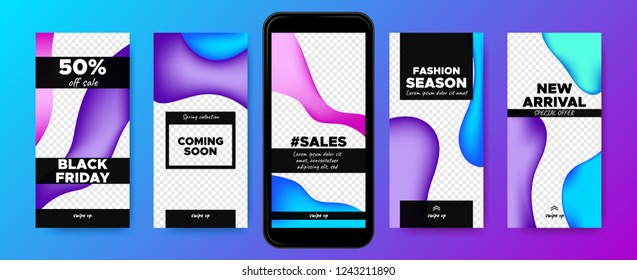 Concept of Sales Advertising. Stories Templates Set with Colorful Fluid Shapes. Social Media Design for Banner Sale, Presentation of Product. Covers for Mobile Screen. Abstract Flyers for Sales Days.