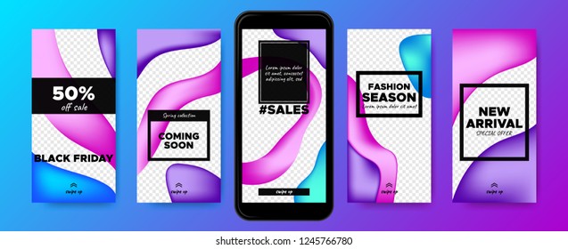 Concept of Sales Advertising. Stories Templates Set with Colorful Fluid Shapes. Social Media Design for Banner Sale, Presentation of Product. Covers for Mobile Screen. Abstract Flyers for Sales Days.