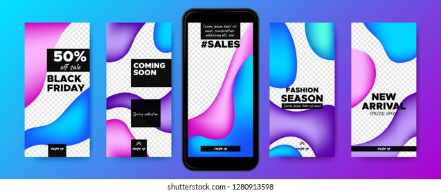 Concept of Sales Advertising. Stories Templates Set with Colorful Fluid Shapes. Social Media Design for Banner Sale, Presentation of Product. Covers for Mobile Screen. Abstract Flyers for Sales Days.