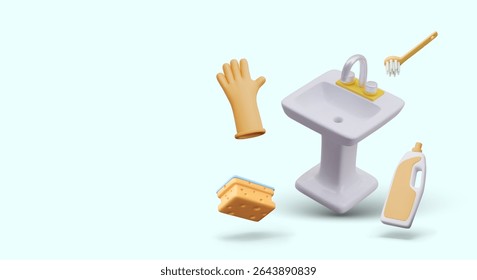 Concept of sanitary ware cleaning. Realistic sink, brush, sponge, rubber glove, bottle with blank label. Set of elements for advertising detergent and inventory