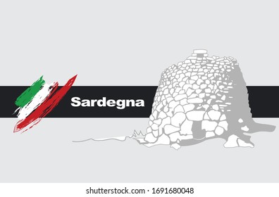 Concept Sardinia with nuraghe and Italian flag stylised in a banner composition, Italy, Sardegna, Concept of Sadinia