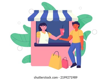 Concepto de cliente satisfecho con la escena de la gente en el diseño de dibujos planos. Un hombre satisfecho compra su bebida favorita después de ir de compras. Ilustración vectorial.