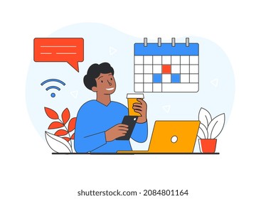 Concept of satisfied man. Character has completed all his tasks. Employee marks calendar. Leadership, motivation, successful worker, time management, schedule. Cartoon flat vector illustration
