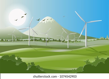 The concept of Save the Earth, Green, Clean Energy, Alternative, Renewable Energy, Ecology. The vector of an illustrate of wind turbine in the green field with the mountain and sunlight in background