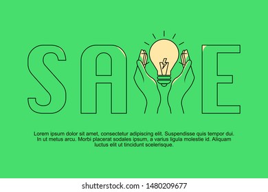 Concept of Save energy poster with two hands holding a glowing light bulb.