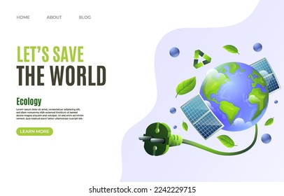 Concept of save energy sustainability or environmental world protection. Web banner, landing page. Vector illustration