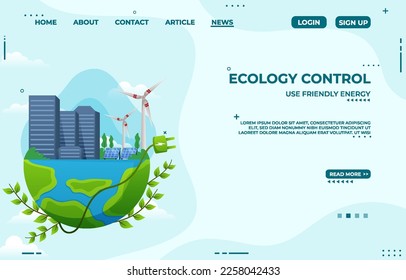 Concept of save energy sustainability or environmental world protection. Windmill and city on earth. Vector illustration