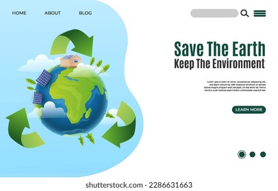 Concept of save energy sustainability or environmental world protection. Web banner, landing page. Vector illustration