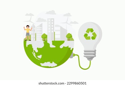 Concept of save energy sustainability or environmental world protection. Windmill and city on earth. Vector illustration