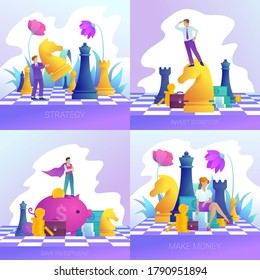 Concept of save investment, finance management and strategy. Set of flat business design. Poster or banner with people in trendy style and flower. Characters with chess figures. Vector illustration