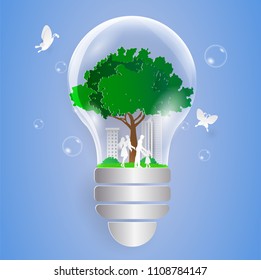concept save nature and tree with familly in light bulb. paper cut art style.World Population Day.