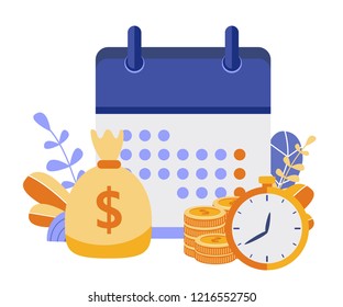 Concept save time, Money saving. Times is money. Business and management, time is money, financial investments in stock market future income growth, Time management planning. Vector 