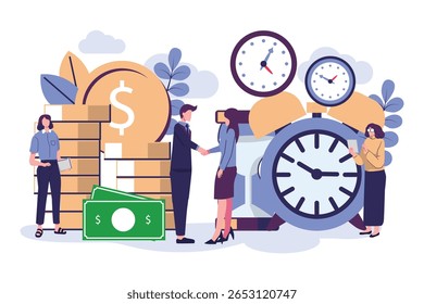 Conceito economiza tempo, Dinheiro economiza design de vetor de ilustração de estilo plano