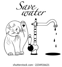 The concept is save water resources. The cat closes the tap with running water with its paw. Dripping water. Illustration of dripping water tap in the style of doodles in vector