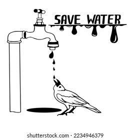 concept is to save water resources. The raven bird drinks from under dripping tap with running water. Dripping from faulty faucet. Water day. Exterior dripping water faucet or tap in yard