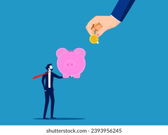 Concept of saving bonus money. Manager gives coins to businessman piggy bank 