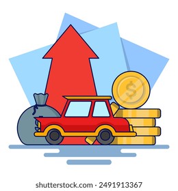Concept of Saving coins or money to buy a car, concept of buying property. Save money on car asset property for business finance marketing. Flat vector illustration on background.