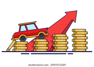 Concept of Saving coins or money to buy a car, concept of buying property. Save money on car asset property for business finance marketing. Flat vector illustration on background.