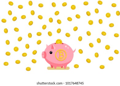 Concept of saving of crypto currency. Piggy bank with bitcoin. Flat design, vector illustration.