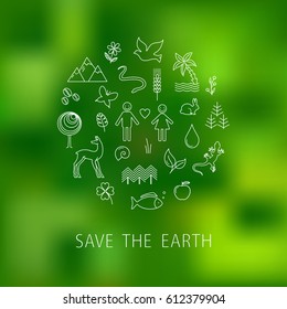The concept of saving the Earth in the form of linear symbols of the planet fauna and flora on green blurred background. International Earth Day.