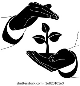 Konzept der Rettung der Erde, der Natur, der Ökologie oder zwei Hände, die die Welt mit einem Sprosssymbol Symbol flach in schwarz auf isoliertem weißem Hintergrund halten. EPS10-Vektorillustration.
