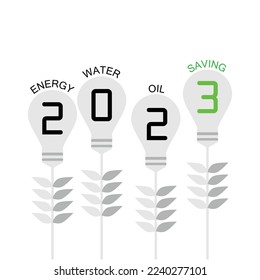The concept saving energy, water and oil. Happy New Year 2023 background. White black gray and green color.